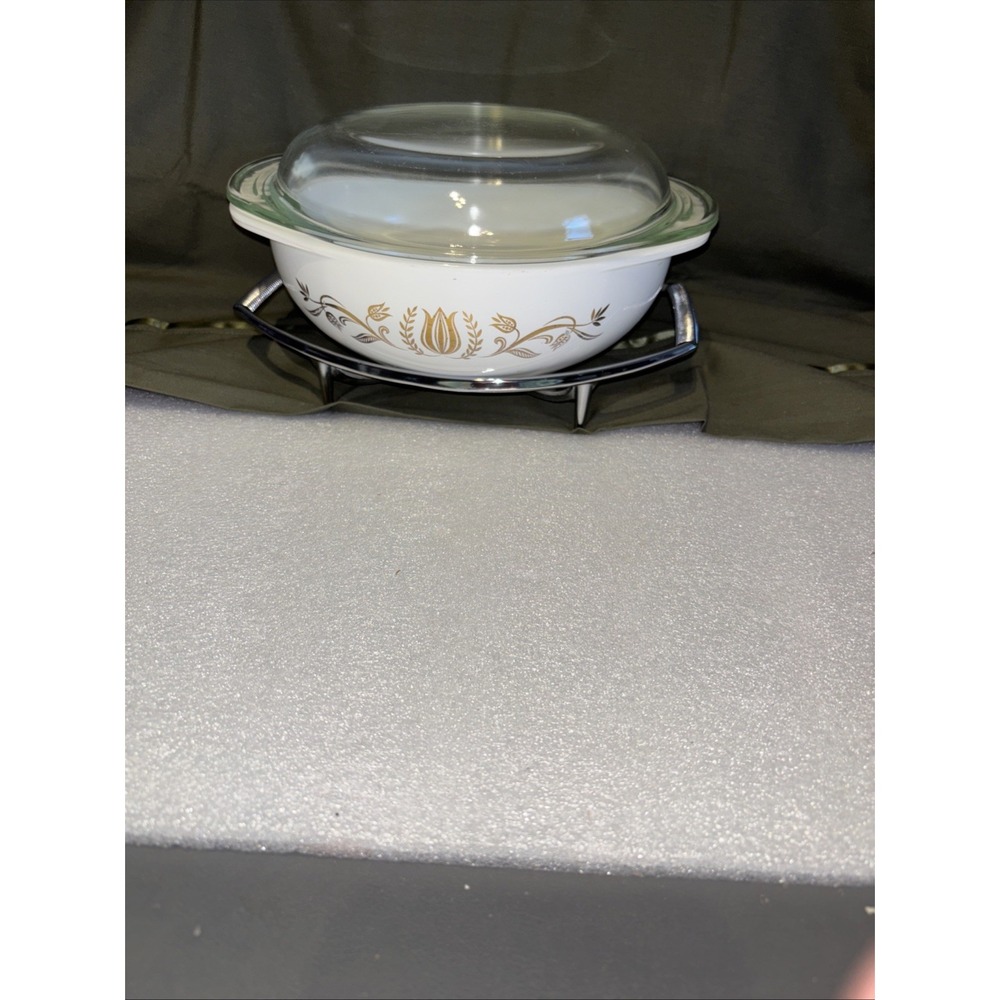 Vintage Pyrex Golden Tulip 024 2 Qt White Mixing Bowl with Lid Gold Tulips 1962